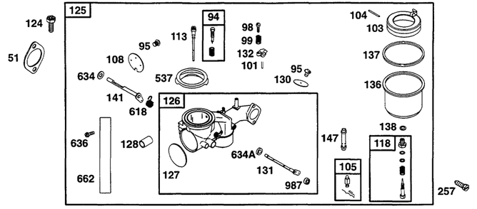 Carburetor Assembly Diagram and Parts List for 255707-0124-XX  Briggs and Stratton Engine